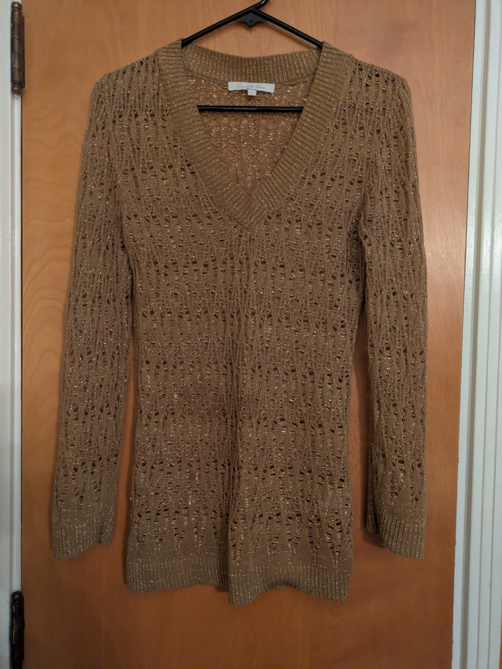 V‑Neck Sparkly Lightweight Open Knit Sweater - Tan